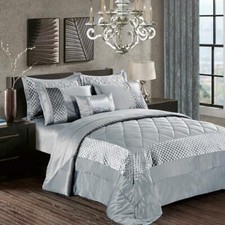 3 Piece Quilted Satin Bedspread Sequin Stripe Bed Throw Comforter Pillow Shams