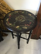 Antique Barley Twist Drop Leaf Occasional Table, Round, Handpainted Hares