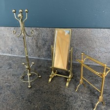 Dolls house 1/12th scale free standing brass mirror, towel rail hat coat stand