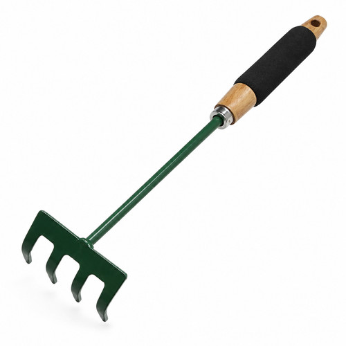 Green garden hand rake - green, 4-tine