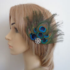 1920's Flapper Peacock feather Big Diamante Flower Clip Fascinator Hairdress Wed