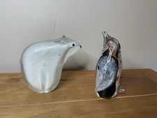 Lovely Solid Glass Paperweights As Polar Bear and Penquin Murano Style Glass VGC