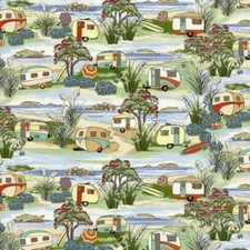 100% Cotton Fabric Nutex Retro Holidays Caravans, Camper Van &