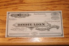 Original Early USA Mining Stock Certicates 1878 Bodie Lion Mining Company Mono