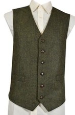 Mens Wool Blend Tweed Waistcoat Vest Gilet - Green Flecked 