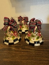 3 MacKenzie Childs Capiz  Christmas Bell Ornaments Courtly Check Poinsettia