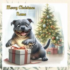 Personalised STAFFY Christmas Greeting Card XMAS Staffordshire Bull Terrier Tree