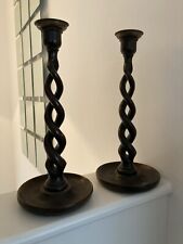 Pair 12" Antique English Open Barley Twist Candlesticks - Oak & Brass Tops? 1900