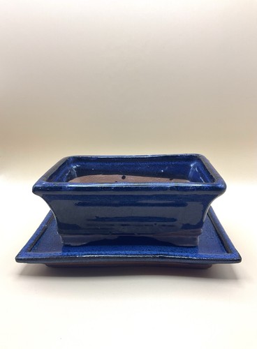 Blue glazed ceramic bonsai pot - glazed,