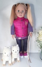 OUR GENERATION 18"  " HOPE "  & 2 BABY LLAMAS & FEEDING BOTTLE