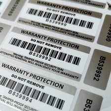 Tamper Proof Stickers 2-part Warranty Void with Barcoded Serial Numbers