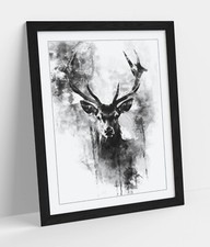 BLACK AND WHITE STAG ANIMAL DECOR FRAMED WALL ART POSTER PRINT 4 SIZES