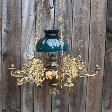 Antique Art Nouveau Kosmos Brenner Majolica Adjustable Oil Lamp Chandelier