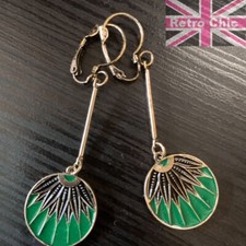 Art Deco Inspired Vintage Style Long Green/Black/Gold Drop Earrings Enamel Discs