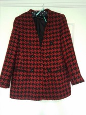 Zara Red And Black Dogtooth Fully Lined Single Breasted Jacket With Pockets