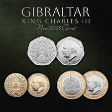 Gibraltar coins 2023 coronation Charles Crest £2 Abbey Door 50p Chair £1 Coin