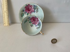 VINTAGE PARAGON CHINA ENGLAND  CUP SAUCER CABBAGE ROSE DUCK EGG BLUE BACKGROUND