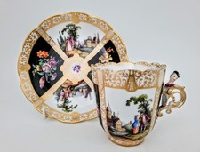 Rare Antique Helena Wolsohn Dresden Watteau Figural Handle Cup & Saucer c1890