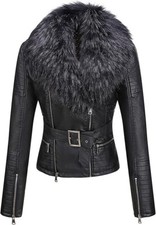 Bellivera Women Faux Leather Short Biker Jacket Detachable Fur Collar Black -3XL