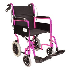 Lightweight folding Transit aluminium pink wheelchair + attendant handbrakes