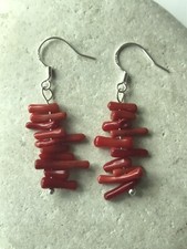 Genuine Red Coral Chips Earrings - 925 Sterling Silver - Gift Bag - Free P&P