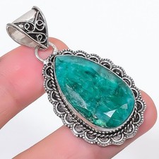 Zambian Emerald Pear Shape Gemstone Pendant Handmade Vintage Jewelry 2" VP 3058
