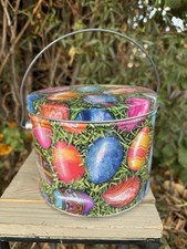 Metal Colorful Easter Eggs Basket Canister Round Bucket Tin Pail Country Spring