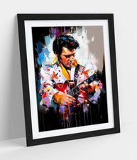 ELVIS PRESLEY WITH GUITAR COLOURFUL SPLASH FRAMED WALL ART PICTURE POSTER PRINT