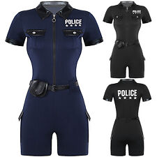Women Dirty Cop Policewoman Uniform Costume Zipper Jumpsuits with Belt Purse Set
