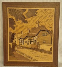 Vintage Wooden Inlaid Marquetry Picture Depicting Cottage Scene - 38x1.5x33cm