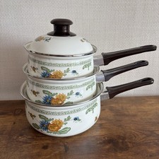 Vintage Retro Saucepans Set Of 3 Enamel Pans Floral Design With Lids