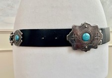 RIVER ISLAND 100% Leather Black Silver Buckle Turquoise Stone Wester Rock Belt M