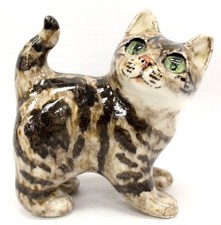 Vtg WINSTANLEY England Hand Painted Ceramic CAT With Green GLASS EYES 4.5" - K22