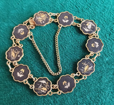 Japanese Shakudo Bracelet Vintage Damascene Gold & Silver Inlayed Scenes Signed