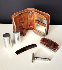 Mens Vanity Grooming Shaving Set Travel Leather Case Gents Vintage