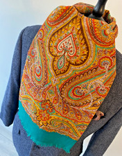 VTG mens 70's GREEN MULTI COLOUR ORNATE WOOL PSYCHEDELIC DOUBLE PLY LONG SCARF