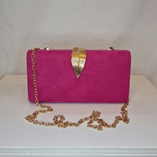 Fuschia Hot Pink Faux Suede Gold Leaf Embellished Evening Clutch Bag