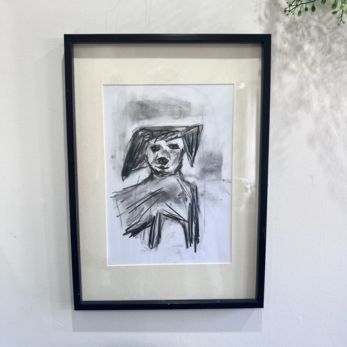 Framed charcoal dog sketch - dog,