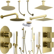Brushed Brass Concealed Thermostatic Shower Mixer Valve Kit, Arm, Head, Handsets