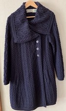 Aran Crafts Ladies 100%  Wool Large Navy Blue Chunky Knit Cardigan Coat
