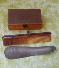 Antique Wooden Box/Ornate Comb/Shoe Horn
