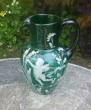 Victorian Hand Painted Mary Gregory Hand Blown Green Jug (16 cm)  Chip To Rim