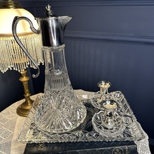 Vintage Cut Crystal Decanter Claret Jug Tray Set w/ 2 EP Zinc Candlesticks Pairs