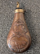 ANTIQUE COPPER & BRASS POWDER FLASK EMBOSSED HUNT DESIGN DOGS & GAME BIRDS