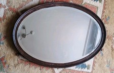 Antique Vintage Oval Wall Mirror, Oak , Bevelled Glass , 68 cm x 45 cm