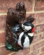 Vintage Garden Spotted Woodpecker with babies hanging ornament fully restored