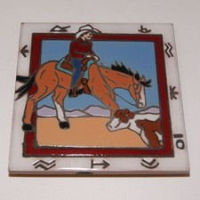 Christine Fitzgerald Ceramic Tile Wall Trivet  Coaster Cowboy Rodeo Bronco