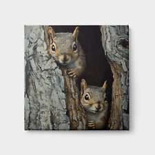 Two Squirrels Peeking Out Of Tree Trunk Canvas Print Farmhouse Decor Wall Art