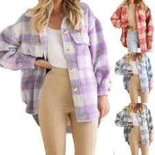 Women's Checked Shacket Fleece Plaid Jacket Warm Cosy Winter Ladies Coat Casual
