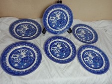 6 Old Willow Alfred Meakin Dinner Plates set 25cm 9.75" vintage Blue White 1930s